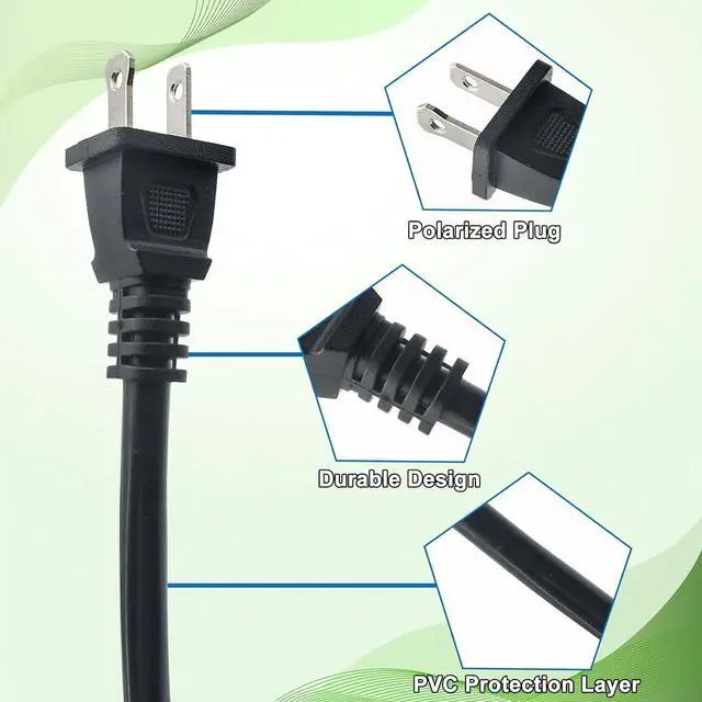 Alt view image 3 of 7 - Replacement Power Cord 2 Prong,14 AWG Heavy Duty 6.46Ft Cable 110V 115V 120V 300V for Appliance, NEMA 1-15P 2 Prong Plug US SJT 14AWG (14/2), Pigtail Cord