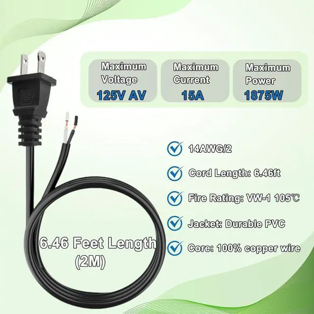 Alt view image 4 of 7 - Replacement Power Cord 2 Prong,14 AWG Heavy Duty 6.46Ft Cable 110V 115V 120V 300V for Appliance, NEMA 1-15P 2 Prong Plug US SJT 14AWG (14/2), Pigtail Cord