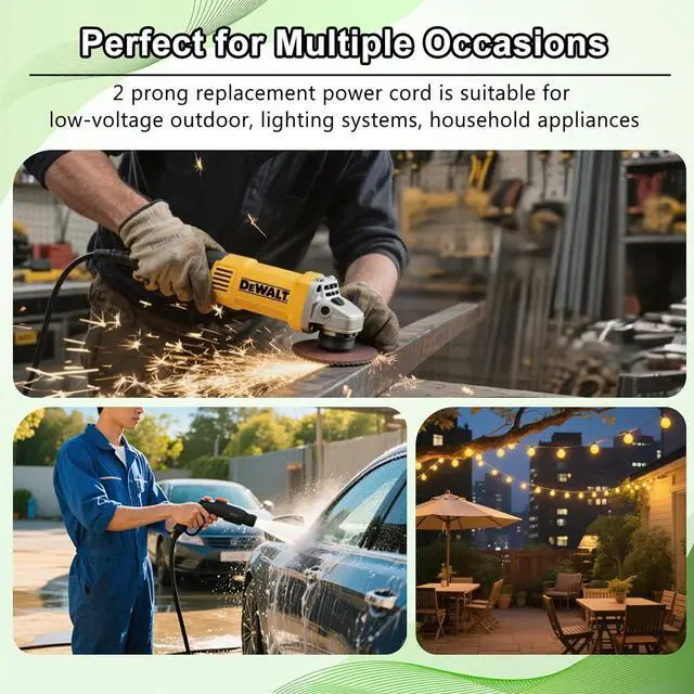 Alt view image 6 of 7 - Replacement Power Cord 2 Prong,14 AWG Heavy Duty 6.46Ft Cable 110V 115V 120V 300V for Appliance, NEMA 1-15P 2 Prong Plug US SJT 14AWG (14/2), Pigtail Cord