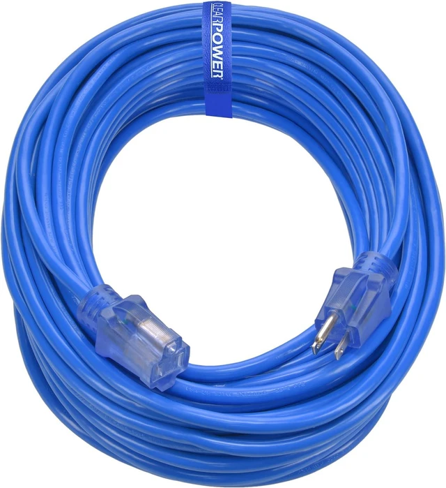 Main image of Clear Power Outdoor Extension Cord - 100 FT, Blue | for Extreme Cold Weather -50°C, 14/3 SJTW, 3 Prong Grounded Plug, with Power Indicator Light (CP10078)