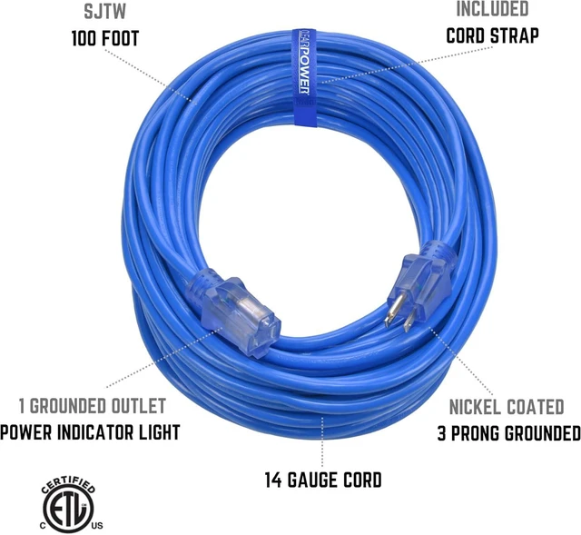 Alt view image 2 of 7 - Clear Power Outdoor Extension Cord - 100 FT, Blue | for Extreme Cold Weather -50°C, 14/3 SJTW, 3 Prong Grounded Plug, with Power Indicator Light (CP10078)