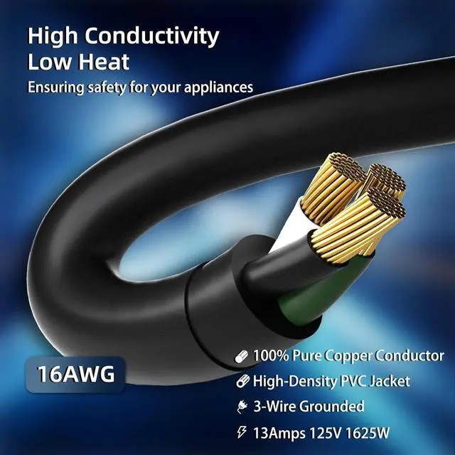 Alt view image 2 of 6 - 50 FT Outdoor Extension Cord Waterproof, Black, 3-Prong Power Cord, 16 AWG SJTW, 13A 1625W, Grounded, General Purpose Long Extension Cord for Lawn & Garden, ETL Listed