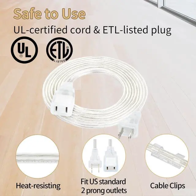 Alt view image 2 of 7 - Clear Extension Cord 15 Ft, UL-Certified Clear Extension Cord Indoor Thin, 2 Prong Extension Cords, Male to Female Invisible Extension Cord 2 x 16 AWG, Thin Extension Cords for Light (1 Pack)