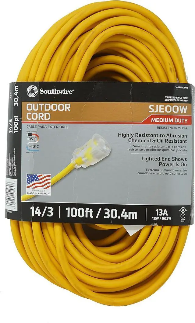 Main image of Southwire Polar Solar Extension Cord - Cold Weather Flexibility & Rugged Durability - SJEOOW Jacket - UL Listed - Oil & Chemical Resistant - 14/3 Gauge - 100 Foot - Yellow Outdoor Cord