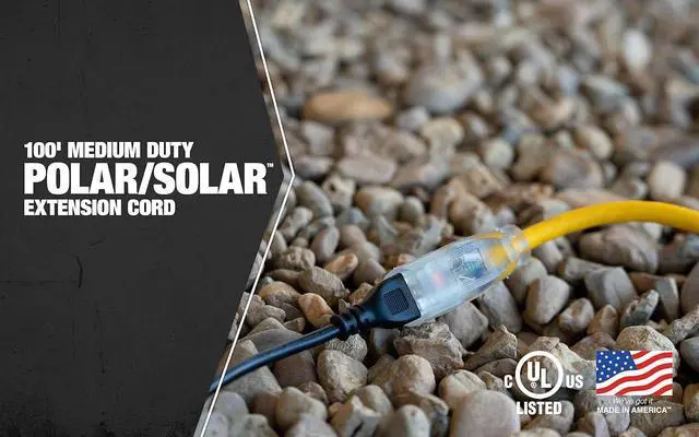 Alt view image 6 of 7 - Southwire Polar Solar Extension Cord - Cold Weather Flexibility & Rugged Durability - SJEOOW Jacket - UL Listed - Oil & Chemical Resistant - 14/3 Gauge - 100 Foot - Yellow Outdoor Cord