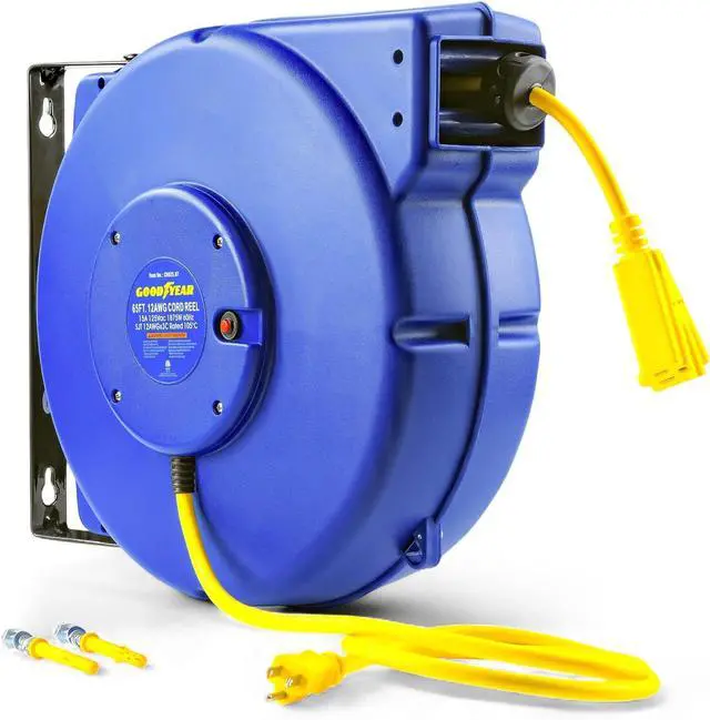 Main image of Goodyear Retractable Extension Cord Reel  Heavy-Duty Commercial Cable with Triple Tap Connector, Auto-Rewind & Wall/Ceiling Mountable (Enclosed, 12AWG x 65 ft)