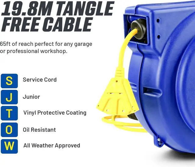 Alt view image 2 of 7 - Goodyear Retractable Extension Cord Reel  Heavy-Duty Commercial Cable with Triple Tap Connector, Auto-Rewind & Wall/Ceiling Mountable (Enclosed, 12AWG x 65 ft)
