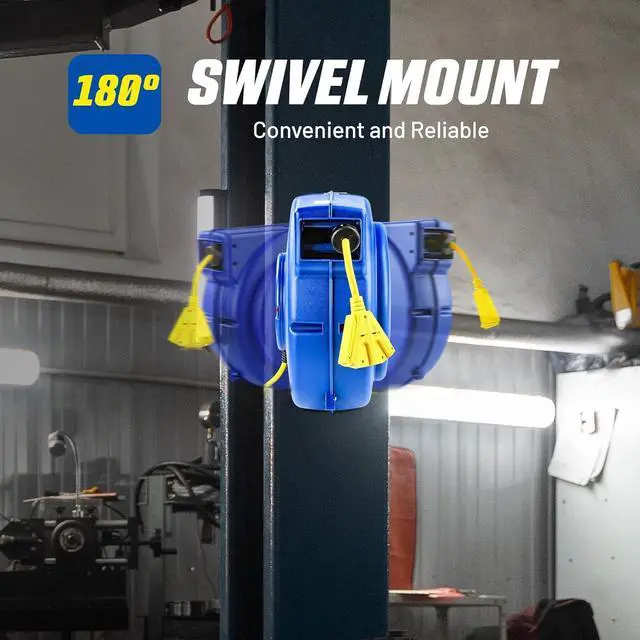 Alt view image 3 of 7 - Goodyear Retractable Extension Cord Reel  Heavy-Duty Commercial Cable with Triple Tap Connector, Auto-Rewind & Wall/Ceiling Mountable (Enclosed, 12AWG x 65 ft)