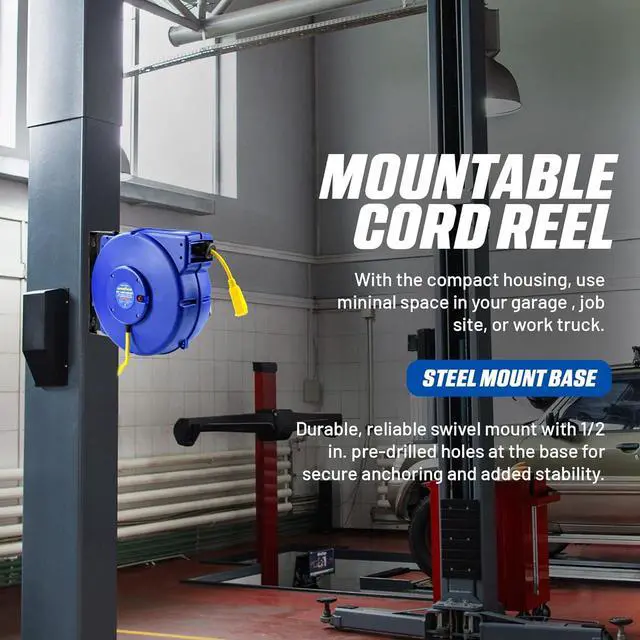 Alt view image 5 of 7 - Goodyear Retractable Extension Cord Reel  Heavy-Duty Commercial Cable with Triple Tap Connector, Auto-Rewind & Wall/Ceiling Mountable (Enclosed, 12AWG x 65 ft)