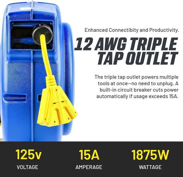 Alt view image 4 of 7 - Goodyear Retractable Extension Cord Reel  Heavy-Duty Commercial Cable with Triple Tap Connector, Auto-Rewind & Wall/Ceiling Mountable (Enclosed, 12AWG x 65 ft)