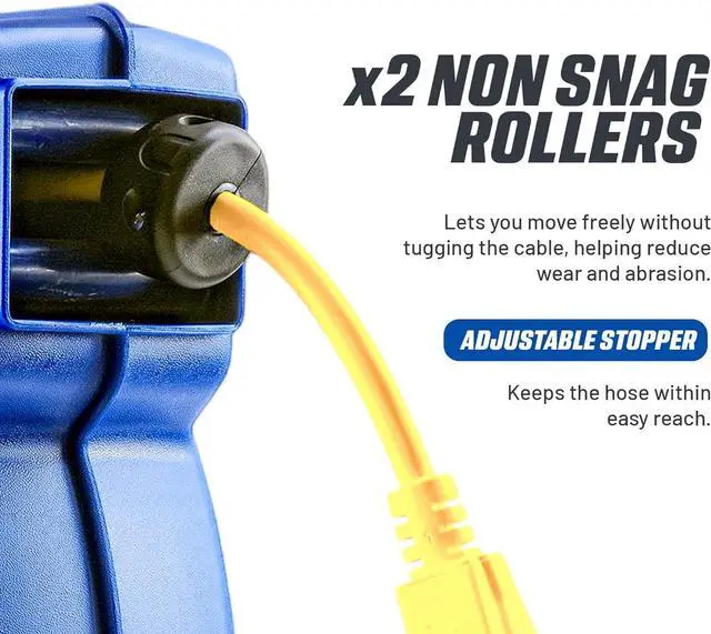 Alt view image 6 of 7 - Goodyear Retractable Extension Cord Reel  Heavy-Duty Commercial Cable with Triple Tap Connector, Auto-Rewind & Wall/Ceiling Mountable (Enclosed, 12AWG x 65 ft)