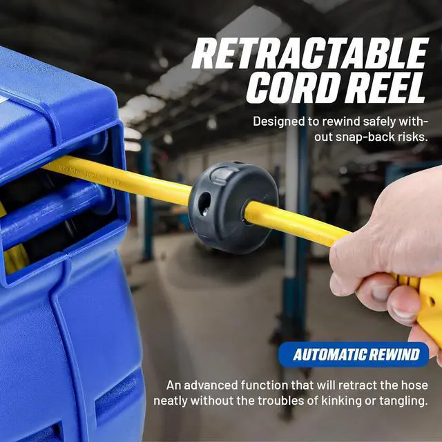Alt view image 7 of 7 - Goodyear Retractable Extension Cord Reel  Heavy-Duty Commercial Cable with Triple Tap Connector, Auto-Rewind & Wall/Ceiling Mountable (Enclosed, 12AWG x 65 ft)