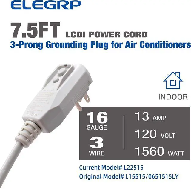 Alt view image 2 of 6 - ELEGRP 0651513LY L15515 L22515 16AWG LCDI Power Cord Plug for A/C Air Conditioner, E250451 UL Certified, 7.5FT Leakage Current Detection Interrupter Replacement, 120V 13A 1560W 60Hz NEMA 5-15P, 1 Pack