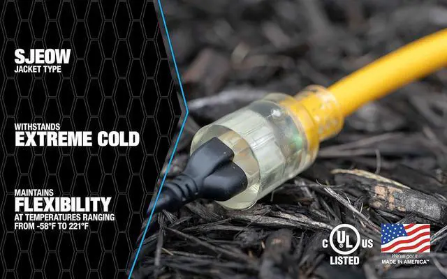 Alt view image 4 of 7 - Southwire Polar Solar Extra Heavy Duty Extension Cord - Built for Cold Weather & Rugged Use - SJEOOW Jacket - High Visibility Yellow - Waterproof - Lighted End - 10/3 Outdoor Cord - 100 Feet