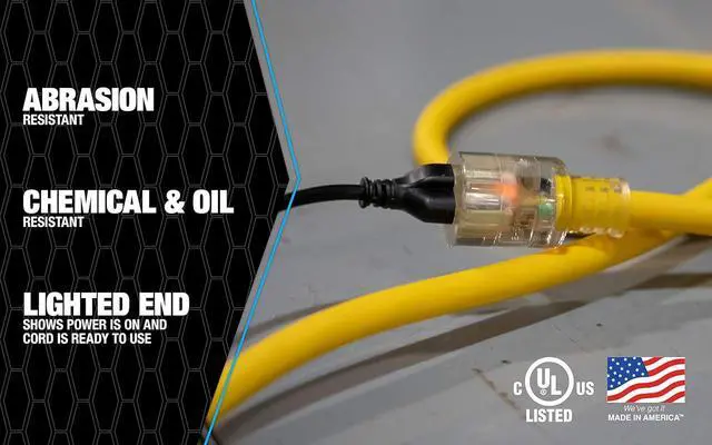 Alt view image 5 of 7 - Southwire Polar Solar Extra Heavy Duty Extension Cord - Built for Cold Weather & Rugged Use - SJEOOW Jacket - High Visibility Yellow - Waterproof - Lighted End - 10/3 Outdoor Cord - 100 Feet