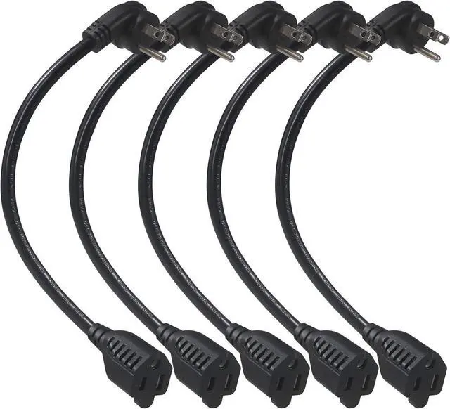 Main image of Short Flat Plug Extension Cord 1 Foot- Low Profile Angle Flat Plug Ground 1FT Indoor AC Extension Cord Short 3 Prong Grounded Extension Cable SJT 16AWG Heavy Duty Flexible Power Cord (5 Pack)