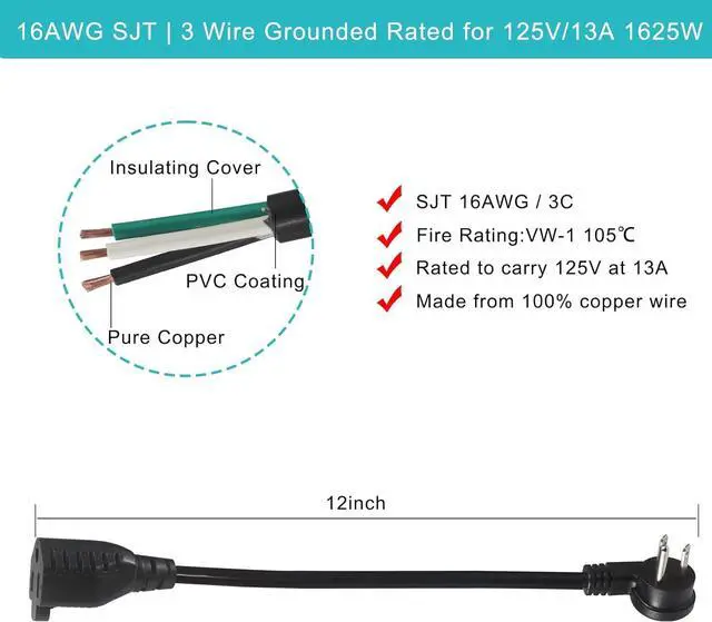 Alt view image 2 of 7 - Short Flat Plug Extension Cord 1 Foot- Low Profile Angle Flat Plug Ground 1FT Indoor AC Extension Cord Short 3 Prong Grounded Extension Cable SJT 16AWG Heavy Duty Flexible Power Cord (5 Pack)