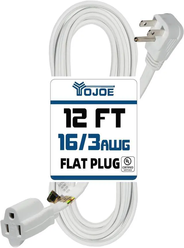 Main image of YOJOE Indoor Extension Cord, 3 Prong Grounded 13A Power Cord, 16 Gauge Heavy Duty 12 ft White Flat Plug Extension Cord for Home, Office, 16/3 SPT-3 UL Listed