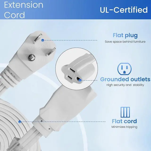 Alt view image 4 of 7 - YOJOE Indoor Extension Cord, 3 Prong Grounded 13A Power Cord, 16 Gauge Heavy Duty 12 ft White Flat Plug Extension Cord for Home, Office, 16/3 SPT-3 UL Listed