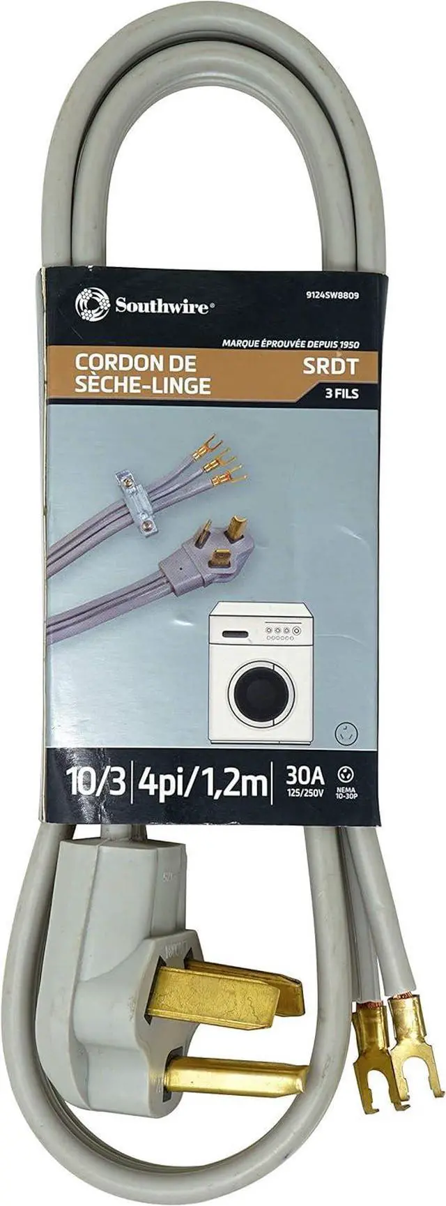 Alt view image 2 of 6 - Southwire Replacement Power Cord - Designed for Dryers & Home Appliance Hookups - Flat SRDT Jacket - Flanged Spade Terminals - 10/3 SRDT - 4 Foot - 30 Amp - Gray - 3 Conductor Wall Outlet