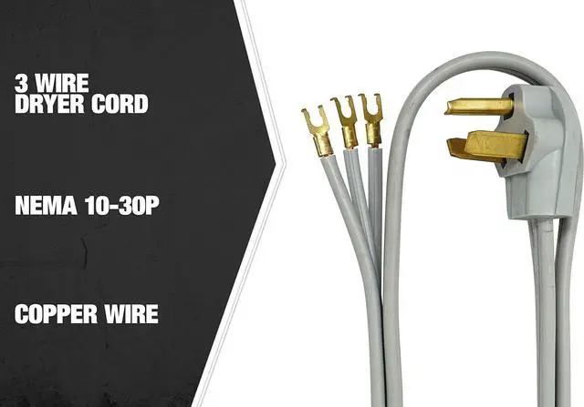 Alt view image 4 of 6 - Southwire Replacement Power Cord - Designed for Dryers & Home Appliance Hookups - Flat SRDT Jacket - Flanged Spade Terminals - 10/3 SRDT - 4 Foot - 30 Amp - Gray - 3 Conductor Wall Outlet