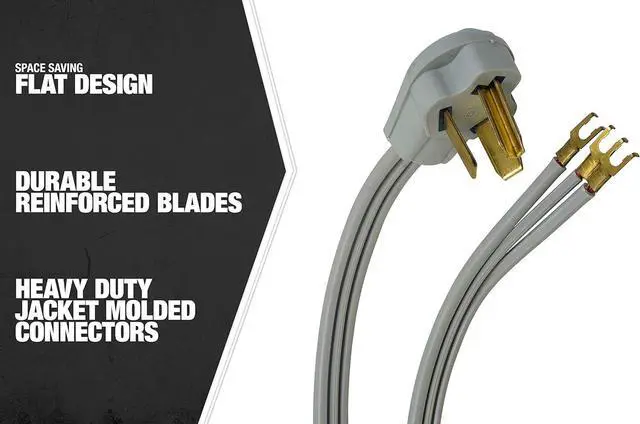 Alt view image 5 of 6 - Southwire Replacement Power Cord - Designed for Dryers & Home Appliance Hookups - Flat SRDT Jacket - Flanged Spade Terminals - 10/3 SRDT - 4 Foot - 30 Amp - Gray - 3 Conductor Wall Outlet