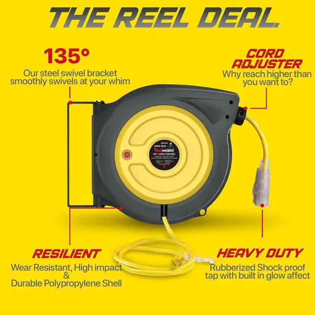 Alt view image 2 of 6 - ReelWorks Extension Cord Reel Retractable 14AWG x 50' Foot 3C/SJTOW Glow Strip Cable Triple Tap Connector Advanced Slow Retraction Technology (SRT)
