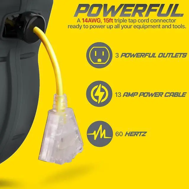 Alt view image 3 of 6 - ReelWorks Extension Cord Reel Retractable 14AWG x 50' Foot 3C/SJTOW Glow Strip Cable Triple Tap Connector Advanced Slow Retraction Technology (SRT)