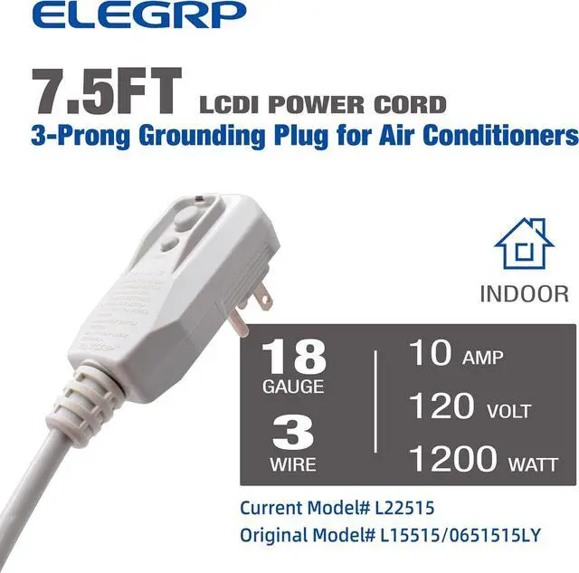 Alt view image 2 of 6 - ELEGRP 0651510LY L15515 L22515 18AWG LCDI Power Cord Plug for A/C Air Conditioner, E250451 UL Certified, 7.5FT Leakage Current Detection Interrupter Replacement, 120V 10A 1200W 60Hz NEMA 5-15P, 1 Pack