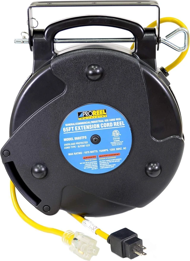 Alt view image 2 of 6 - Alert ProReel Professional Grade ProReel 8665TFS Heavy Duty Retractable Extension Cord Reel | 65 Foot 12/3 SJTOW 15 Amp Single Tap Industrial Cord | Clear 5-15/20R Receptacle with Power On Indicator