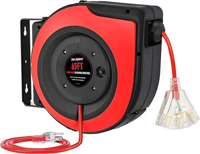 Main image of 65 FT Retractable Extension Cord Reel, 12 Gauge Heavy Duty Power Cord,15 AMP Circuit Breaker, SJTOW, Multi Outlets with Lighted End, Ceiling or Wall Mount Use, UL Listed