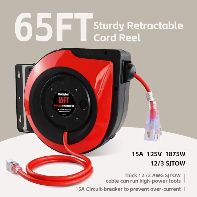 Alt view image 2 of 7 - 65 FT Retractable Extension Cord Reel, 12 Gauge Heavy Duty Power Cord,15 AMP Circuit Breaker, SJTOW, Multi Outlets with Lighted End, Ceiling or Wall Mount Use, UL Listed