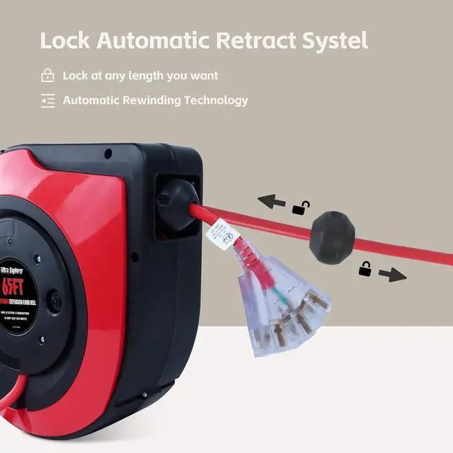 Alt view image 4 of 7 - 65 FT Retractable Extension Cord Reel, 12 Gauge Heavy Duty Power Cord,15 AMP Circuit Breaker, SJTOW, Multi Outlets with Lighted End, Ceiling or Wall Mount Use, UL Listed