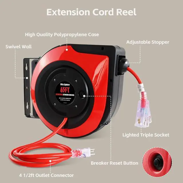 Alt view image 6 of 7 - 65 FT Retractable Extension Cord Reel, 12 Gauge Heavy Duty Power Cord,15 AMP Circuit Breaker, SJTOW, Multi Outlets with Lighted End, Ceiling or Wall Mount Use, UL Listed