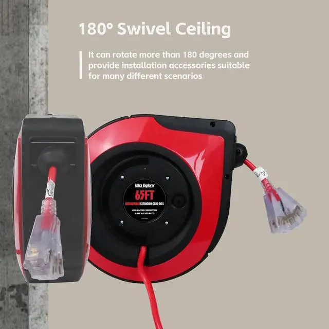 Alt view image 5 of 7 - 65 FT Retractable Extension Cord Reel, 12 Gauge Heavy Duty Power Cord,15 AMP Circuit Breaker, SJTOW, Multi Outlets with Lighted End, Ceiling or Wall Mount Use, UL Listed