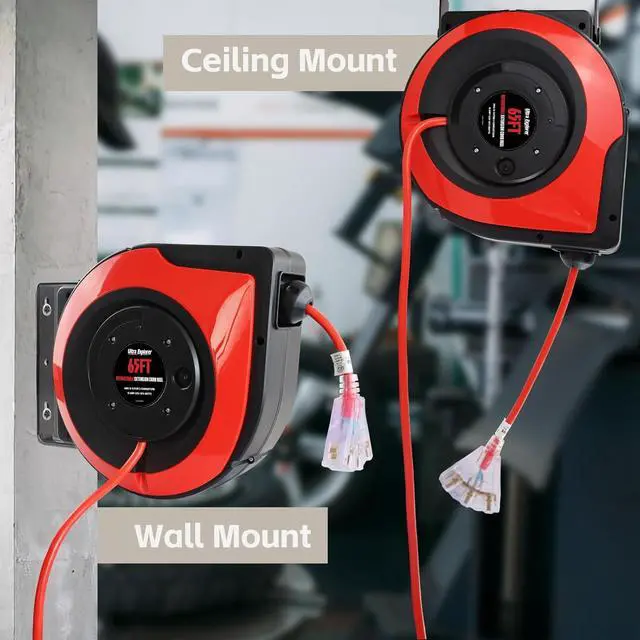 Alt view image 7 of 7 - 65 FT Retractable Extension Cord Reel, 12 Gauge Heavy Duty Power Cord,15 AMP Circuit Breaker, SJTOW, Multi Outlets with Lighted End, Ceiling or Wall Mount Use, UL Listed