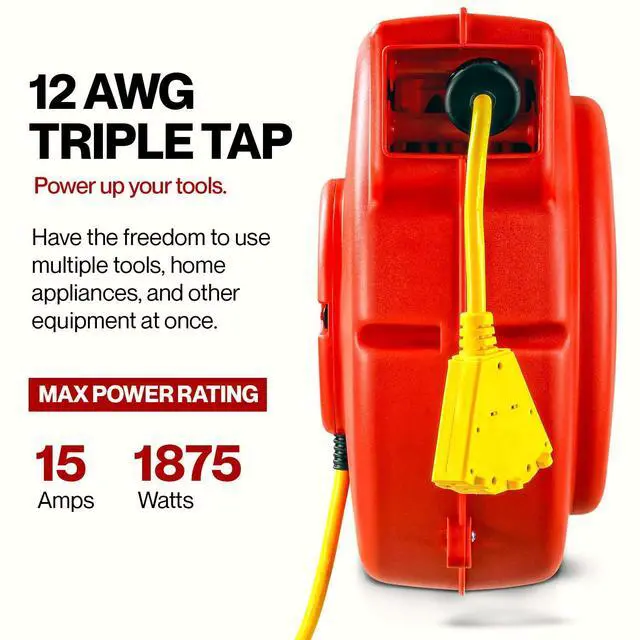 Alt view image 2 of 7 - ReelWorks Extension Cord Reel Retractable 12AWG x 65' Foot 3C/SJT Heavy Duty Commercial Cable Triple Tap Connector Power 15A 125VAC 1875W