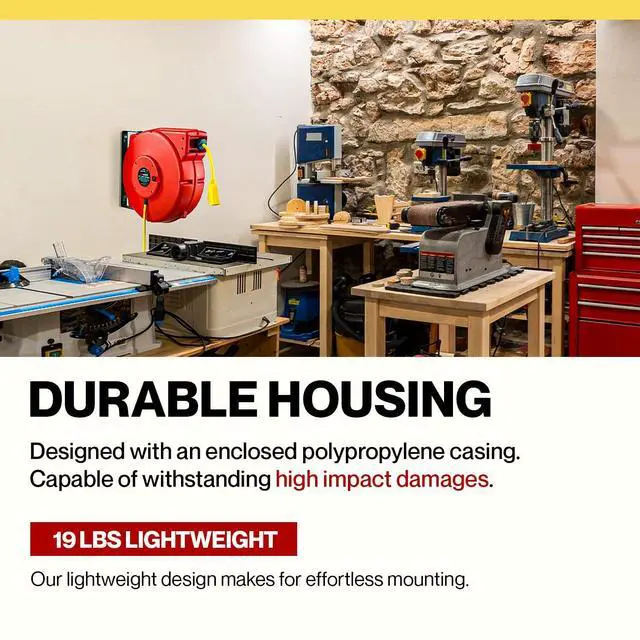 Alt view image 3 of 7 - ReelWorks Extension Cord Reel Retractable 12AWG x 65' Foot 3C/SJT Heavy Duty Commercial Cable Triple Tap Connector Power 15A 125VAC 1875W