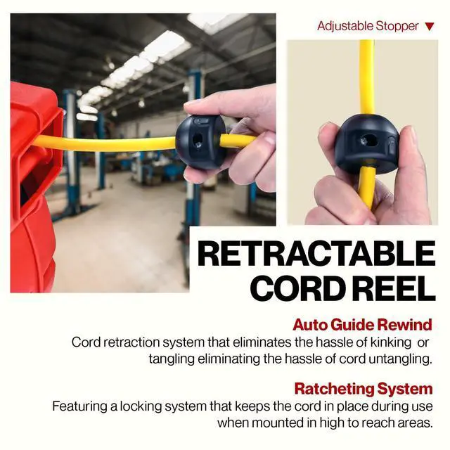 Alt view image 5 of 7 - ReelWorks Extension Cord Reel Retractable 12AWG x 65' Foot 3C/SJT Heavy Duty Commercial Cable Triple Tap Connector Power 15A 125VAC 1875W