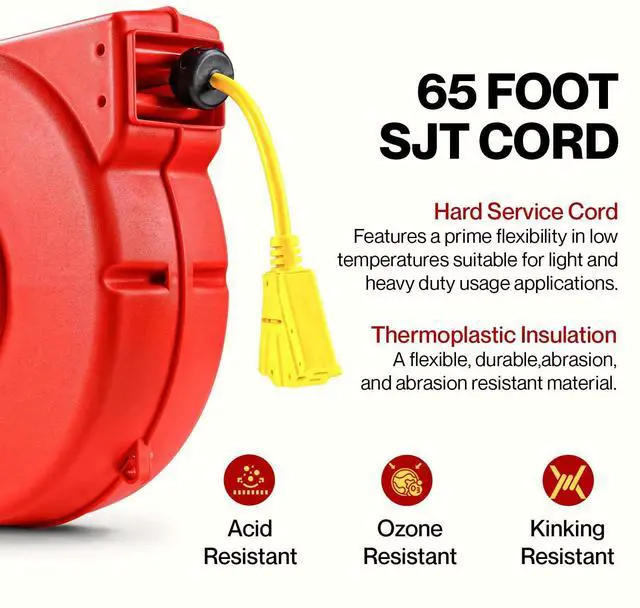 Alt view image 4 of 7 - ReelWorks Extension Cord Reel Retractable 12AWG x 65' Foot 3C/SJT Heavy Duty Commercial Cable Triple Tap Connector Power 15A 125VAC 1875W