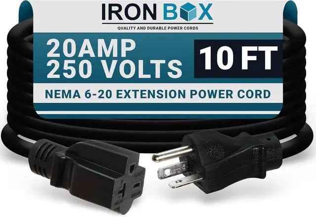 Main image of IronBox Electric - NEMA 6-20 Extension Cord - 12/3 SJT Jacket, 20A, 250V Extension Cable - Compatible with Any Generator Equipped with a 6-20 Receptacle - Heavy Duty Cable (Molded, 10 Foot)