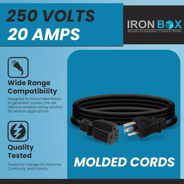 Alt view image 3 of 7 - IronBox Electric - NEMA 6-20 Extension Cord - 12/3 SJT Jacket, 20A, 250V Extension Cable - Compatible with Any Generator Equipped with a 6-20 Receptacle - Heavy Duty Cable (Molded, 10 Foot)