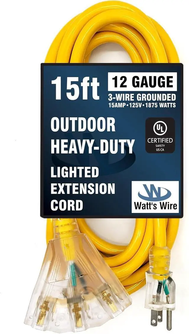 Alt view image 6 of 6 - 15 ft Heavy Duty Extension Cord - 12 Gauge Outdoor Extension_Cord - Lighted Mulitiple Outlets by Watt's Wire - 15' 12-Gauge Grounded 15 Amp Cord - extensiones electricas