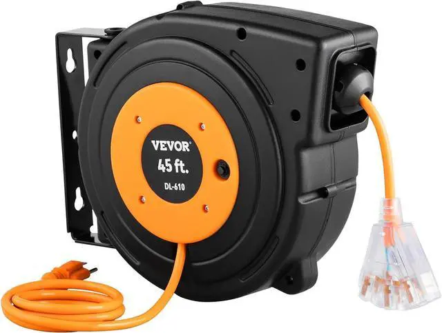 Main image of VEVOR Retractable Extension Cord Reel, 45 FT, Heavy Duty 12AWG/3C SJTOW Power Cord, with Lighted Triple Tap Outlet, 15 Amp Circuit Breaker, 180° Swivel Bracket for Ceiling or Wall Mount