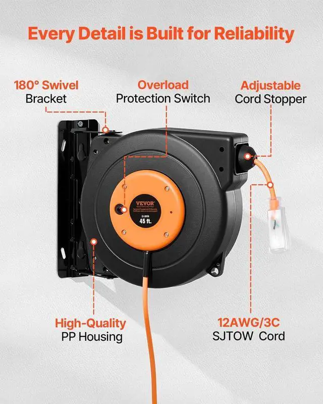 Alt view image 3 of 7 - VEVOR Retractable Extension Cord Reel, 45 FT, Heavy Duty 12AWG/3C SJTOW Power Cord, with Lighted Triple Tap Outlet, 15 Amp Circuit Breaker, 180° Swivel Bracket for Ceiling or Wall Mount