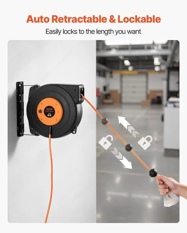 Alt view image 5 of 7 - VEVOR Retractable Extension Cord Reel, 45 FT, Heavy Duty 12AWG/3C SJTOW Power Cord, with Lighted Triple Tap Outlet, 15 Amp Circuit Breaker, 180° Swivel Bracket for Ceiling or Wall Mount