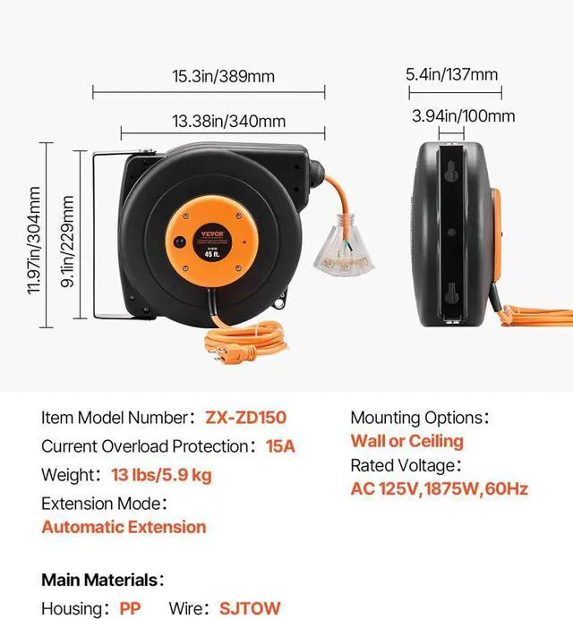 Alt view image 7 of 7 - VEVOR Retractable Extension Cord Reel, 45 FT, Heavy Duty 12AWG/3C SJTOW Power Cord, with Lighted Triple Tap Outlet, 15 Amp Circuit Breaker, 180° Swivel Bracket for Ceiling or Wall Mount