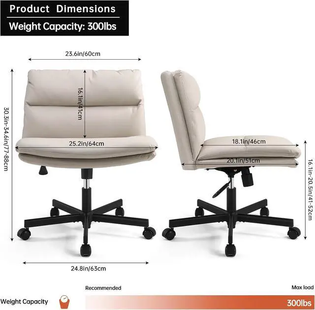 Alt view image 3 of 7 - EMIAH Armless Office Desks Chair with Wheels PU-Padded Vanity Chair Mid-Back Ergonomic Home Office Computer Chair Comfortable Adjustable Swivel Task Chair with Thickened Cushion