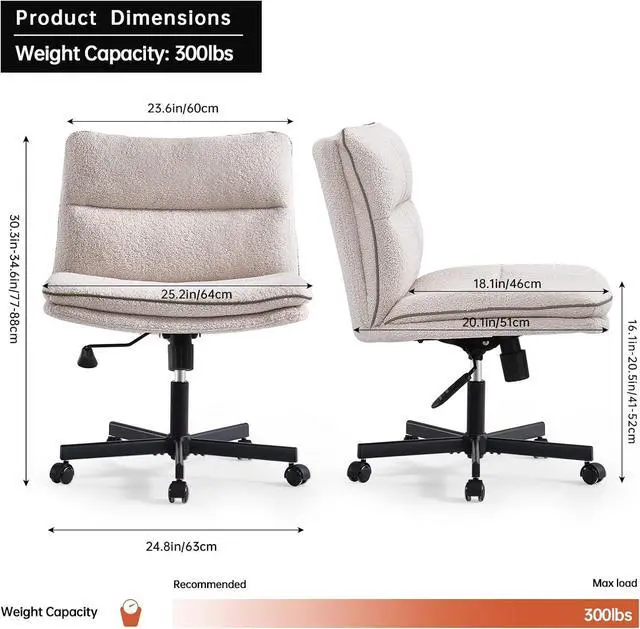 Alt view image 3 of 7 - EMIAH Armless Office Desk Chair with Wheels Faux Fur Vanity Mid-Back Ergonomic Home Computer Comfortable Adjustable Swivel Furry Task Chair with Thickened Cushion