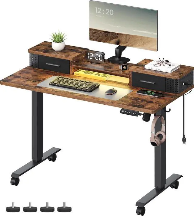 Main image of VASAGLE Electric Standing Desk with Drawers, 47.2 x 23.6 Inches, Sit Stand Desk with Power Outlet and LED Lights, Adjustable Height, Storage Shelf, 3 Memory Buttons, for Home Office, Rustic Brown